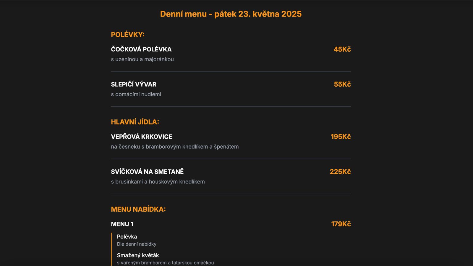 Denní menu na webu restaurace